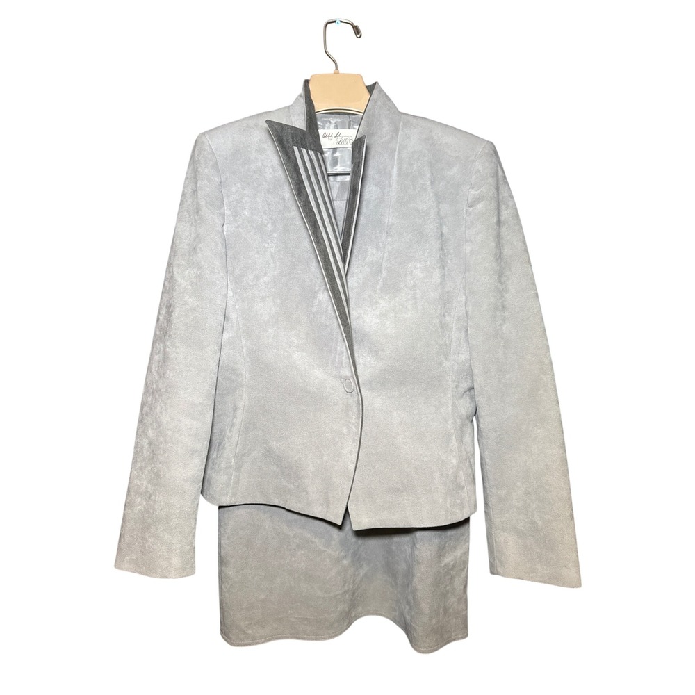 Vintage Lilli Ann Ultrasuede Skirt Suit Gray Mock Neck Blazer Set Size M L